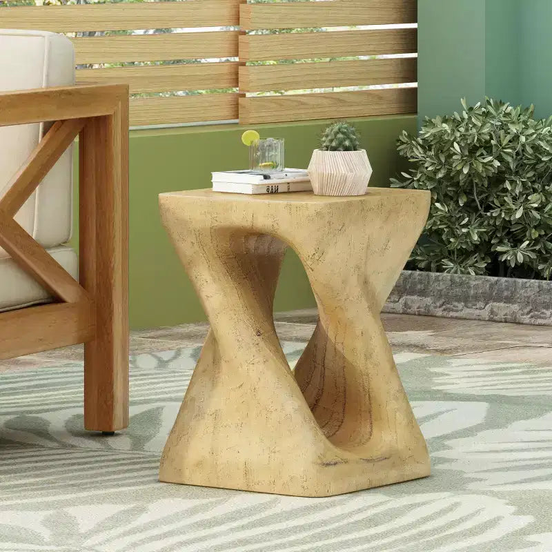 Modern Spiral Side Table with Hollow Center, Wood Grain Texture Magnesium Oxide Coffee Table for Living Room Bedroom