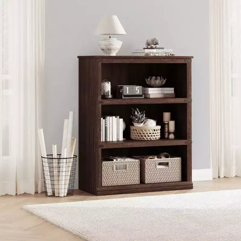 3-Tier Farmhouse Bookcase with Storage, Wooden 3-Shelf Low Bookcase for Home Office, Living Room, Bedroom
