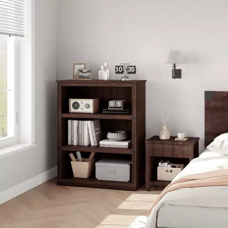 3-Tier Farmhouse Bookcase with Storage, Wooden 3-Shelf Low Bookcase for Home Office, Living Room, Bedroom
