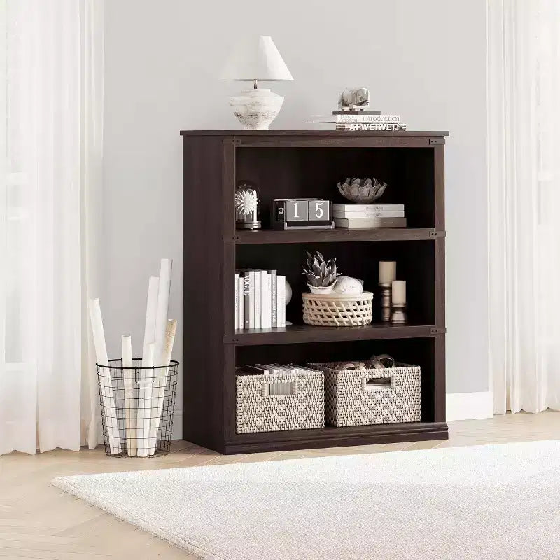 3-Tier Farmhouse Bookcase with Storage, Wooden 3-Shelf Low Bookcase for Home Office, Living Room, Bedroom