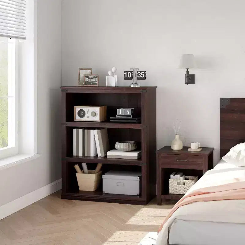 3-Tier Farmhouse Bookcase with Storage, Wooden 3-Shelf Low Bookcase for Home Office, Living Room, Bedroom