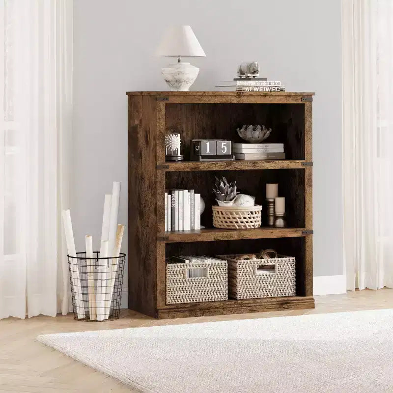 3-Tier Farmhouse Bookcase with Storage, Wooden 3-Shelf Low Bookcase for Home Office, Living Room, Bedroom