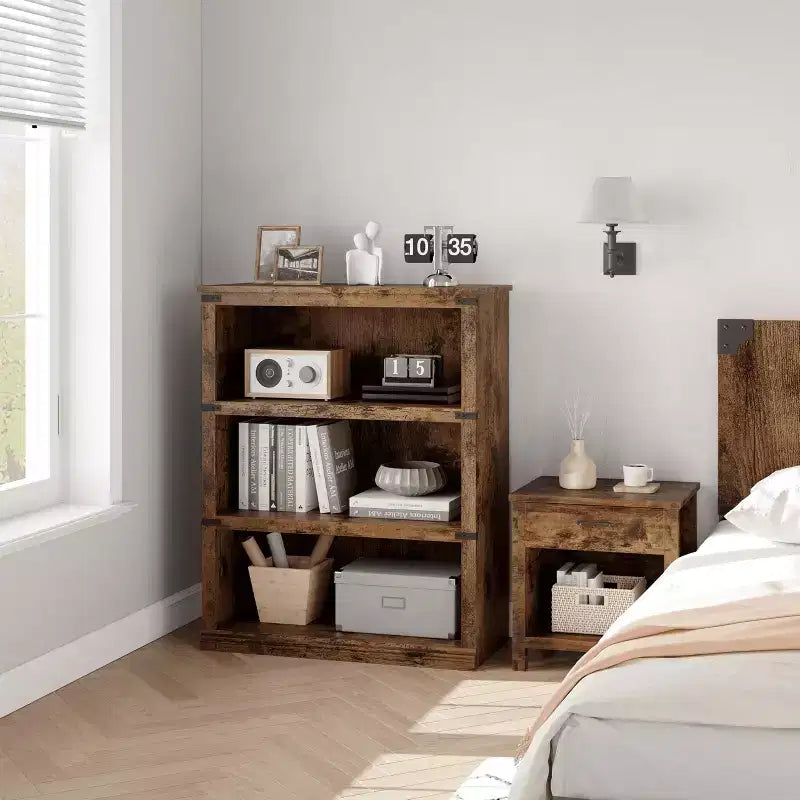 3-Tier Farmhouse Bookcase with Storage, Wooden 3-Shelf Low Bookcase for Home Office, Living Room, Bedroom