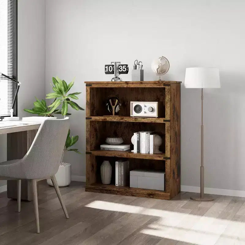 3-Tier Farmhouse Bookcase with Storage, Wooden 3-Shelf Low Bookcase for Home Office, Living Room, Bedroom