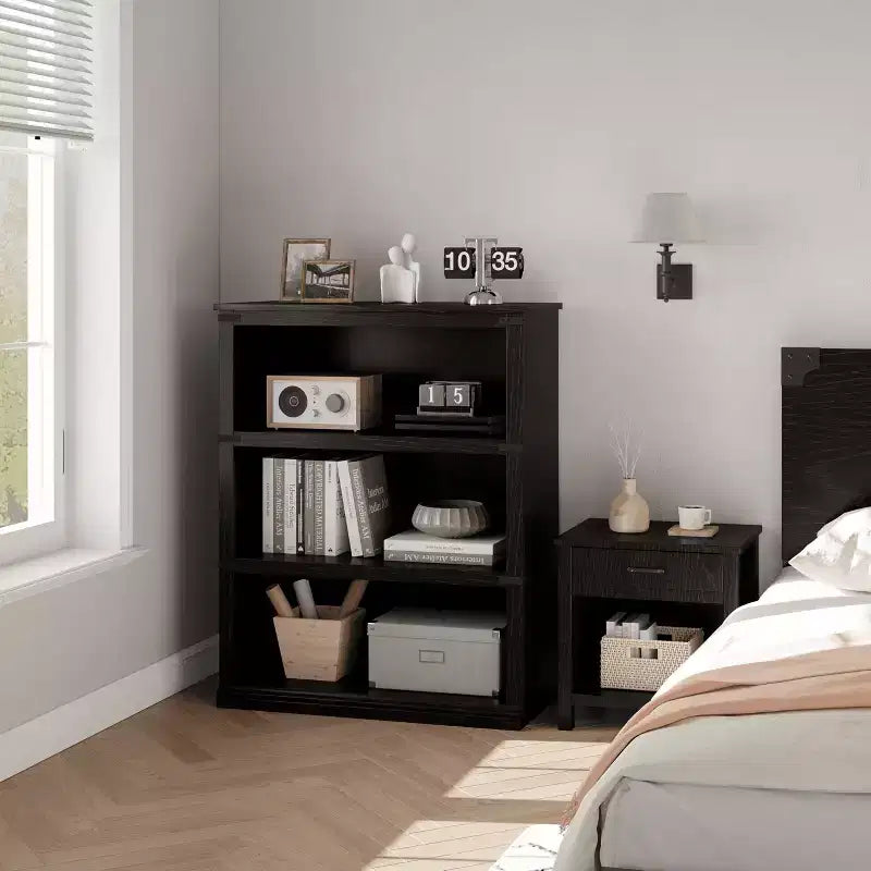 3-Tier Farmhouse Bookcase with Storage, Wooden 3-Shelf Low Bookcase for Home Office, Living Room, Bedroom