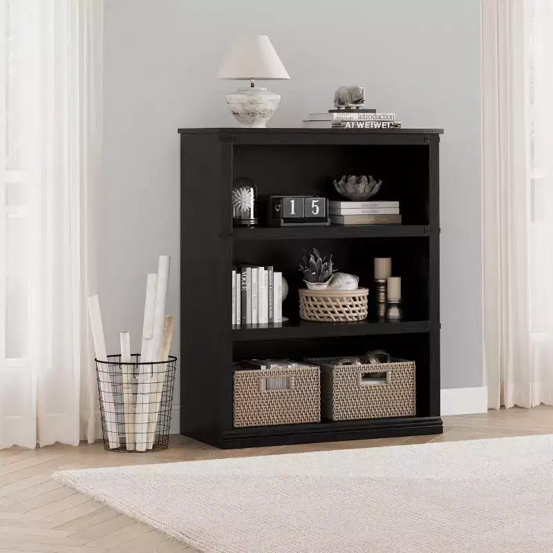 3-Tier Farmhouse Bookcase with Storage, Wooden 3-Shelf Low Bookcase for Home Office, Living Room, Bedroom