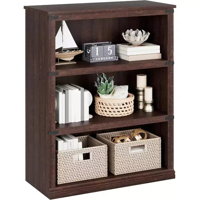 3-Tier Farmhouse Bookcase with Storage, Wooden 3-Shelf Low Bookcase for Home Office, Living Room, Bedroom