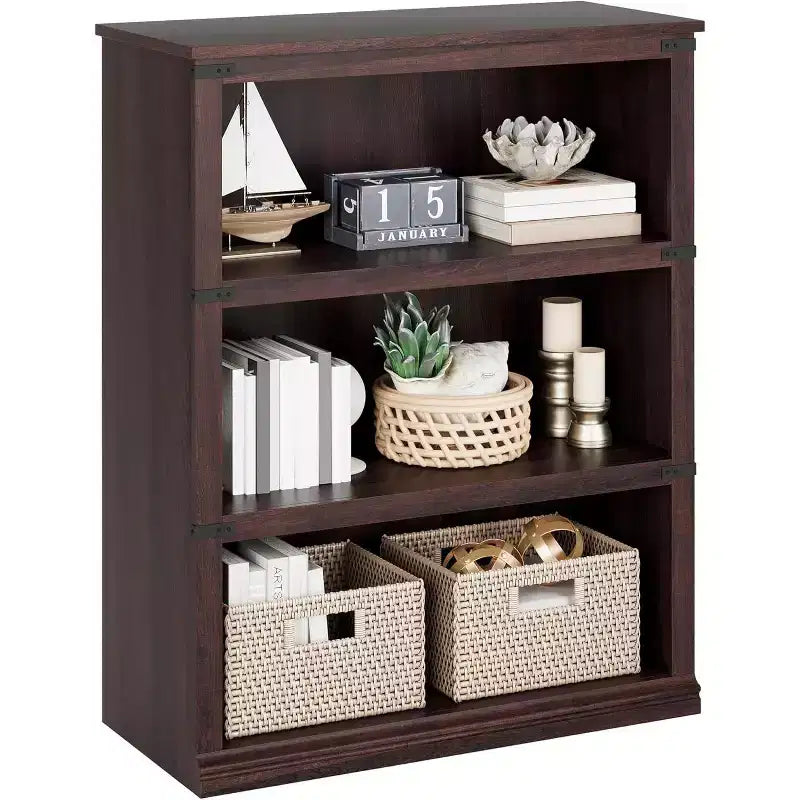 3-Tier Farmhouse Bookcase with Storage, Wooden 3-Shelf Low Bookcase for Home Office, Living Room, Bedroom
