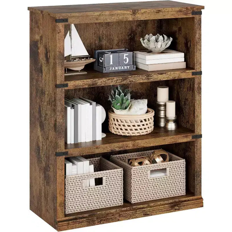 3-Tier Farmhouse Bookcase with Storage, Wooden 3-Shelf Low Bookcase for Home Office, Living Room, Bedroom