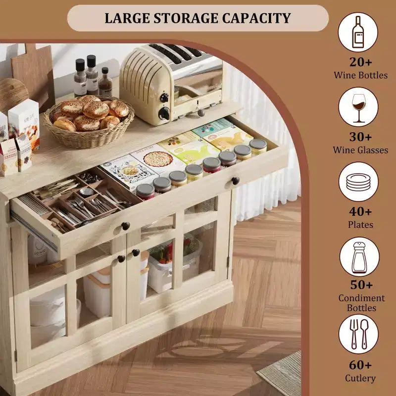 35.4 Modern Sideboard Buffet Cabinet with Glass Door, Storage & Drawers - Versatile Dining Room and Kitchen Storage Solution