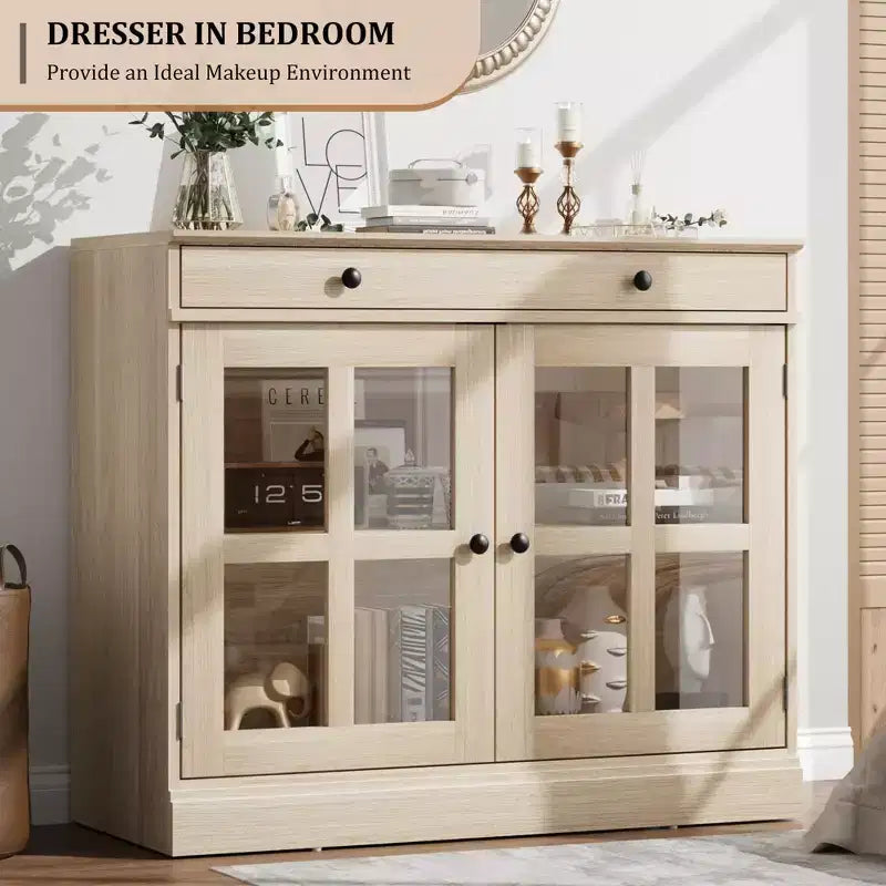 35.4 Modern Sideboard Buffet Cabinet with Glass Door, Storage & Drawers - Versatile Dining Room and Kitchen Storage Solution