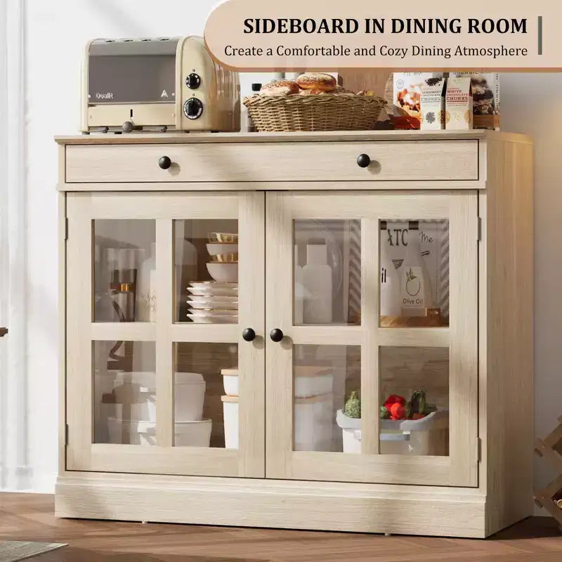 35.4 Modern Sideboard Buffet Cabinet with Glass Door, Storage & Drawers - Versatile Dining Room and Kitchen Storage Solution