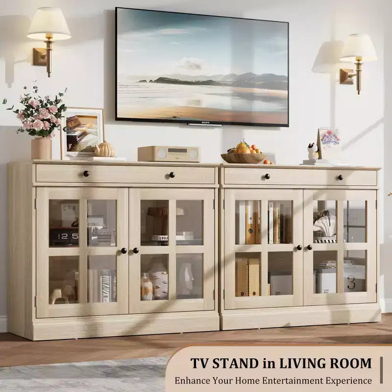 35.4 Modern Sideboard Buffet Cabinet with Glass Door, Storage & Drawers - Versatile Dining Room and Kitchen Storage Solution