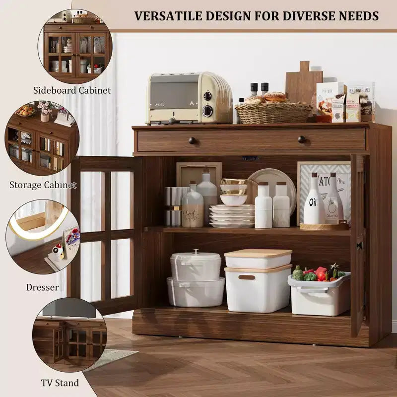 35.4 Modern Sideboard Buffet Cabinet with Glass Door, Storage & Drawers - Versatile Dining Room and Kitchen Storage Solution