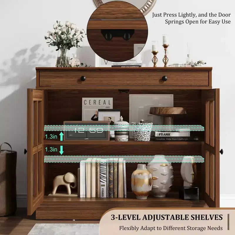 35.4 Modern Sideboard Buffet Cabinet with Glass Door, Storage & Drawers - Versatile Dining Room and Kitchen Storage Solution