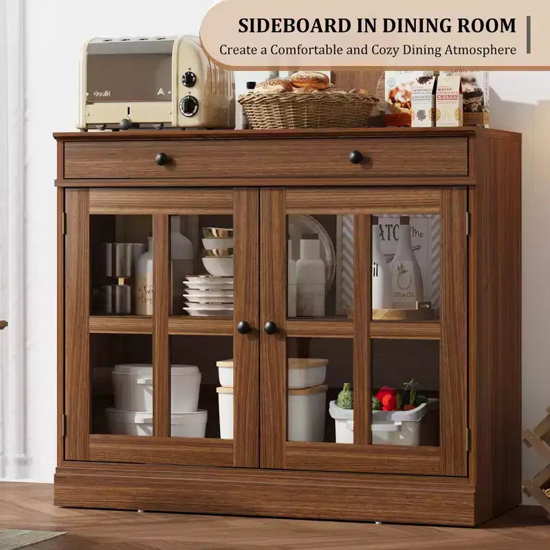 35.4 Modern Sideboard Buffet Cabinet with Glass Door, Storage & Drawers - Versatile Dining Room and Kitchen Storage Solution