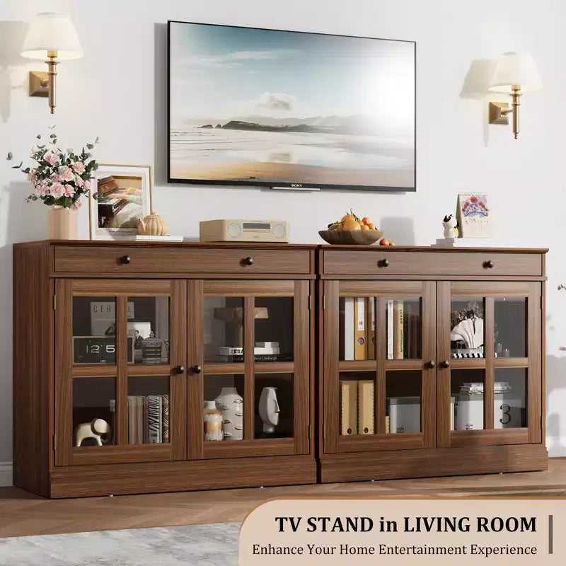 35.4 Modern Sideboard Buffet Cabinet with Glass Door, Storage & Drawers - Versatile Dining Room and Kitchen Storage Solution
