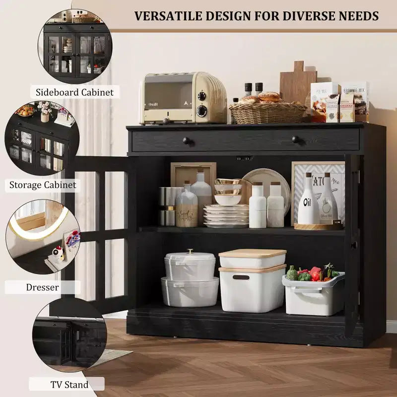 35.4 Modern Sideboard Buffet Cabinet with Glass Door, Storage & Drawers - Versatile Dining Room and Kitchen Storage Solution