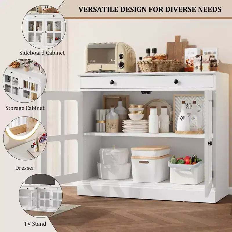 35.4 Modern Sideboard Buffet Cabinet with Glass Door, Storage & Drawers - Versatile Dining Room and Kitchen Storage Solution
