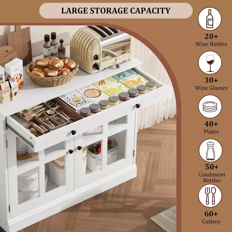 35.4 Modern Sideboard Buffet Cabinet with Glass Door, Storage & Drawers - Versatile Dining Room and Kitchen Storage Solution