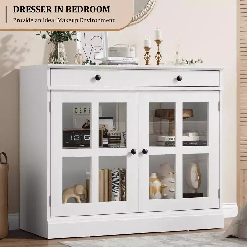 35.4 Modern Sideboard Buffet Cabinet with Glass Door, Storage & Drawers - Versatile Dining Room and Kitchen Storage Solution
