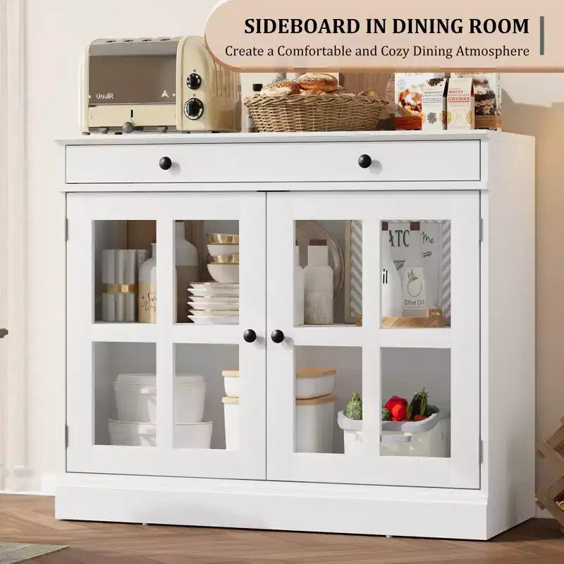 35.4 Modern Sideboard Buffet Cabinet with Glass Door, Storage & Drawers - Versatile Dining Room and Kitchen Storage Solution