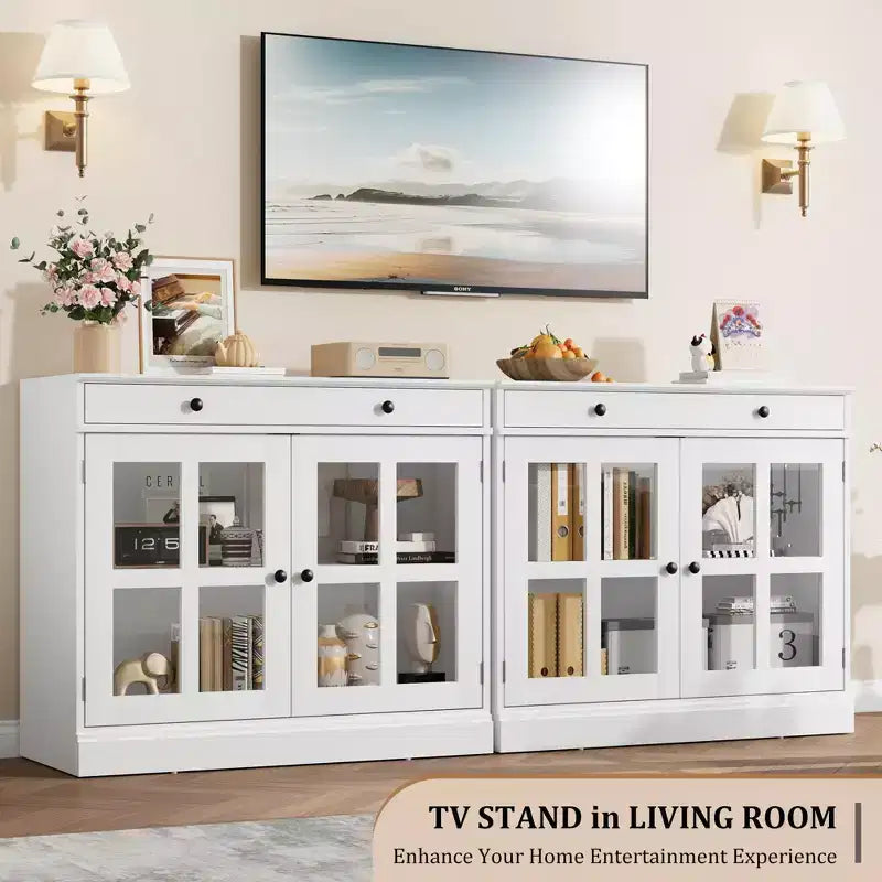 35.4 Modern Sideboard Buffet Cabinet with Glass Door, Storage & Drawers - Versatile Dining Room and Kitchen Storage Solution