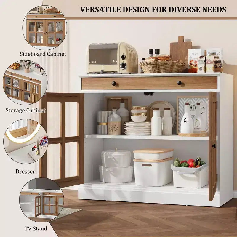 35.4 Modern Sideboard Buffet Cabinet with Glass Door, Storage & Drawers - Versatile Dining Room and Kitchen Storage Solution