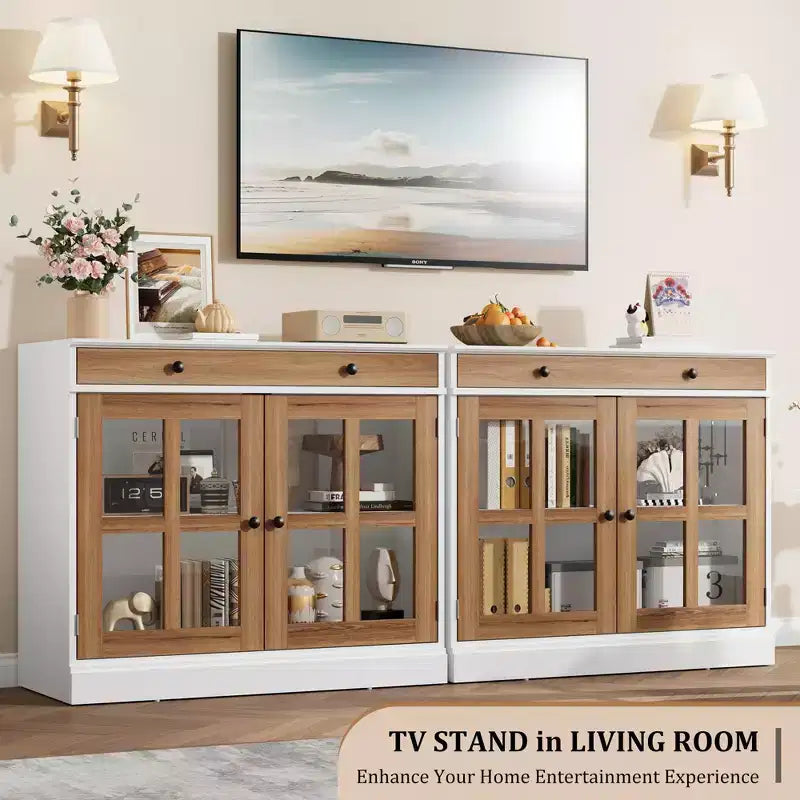 35.4 Modern Sideboard Buffet Cabinet with Glass Door, Storage & Drawers - Versatile Dining Room and Kitchen Storage Solution