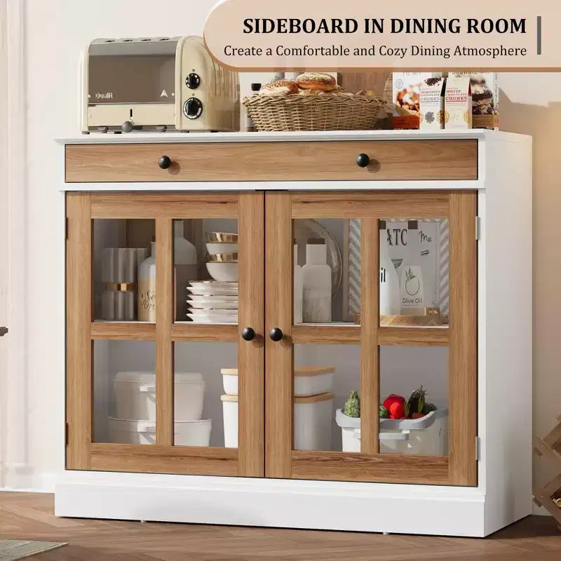 35.4 Modern Sideboard Buffet Cabinet with Glass Door, Storage & Drawers - Versatile Dining Room and Kitchen Storage Solution
