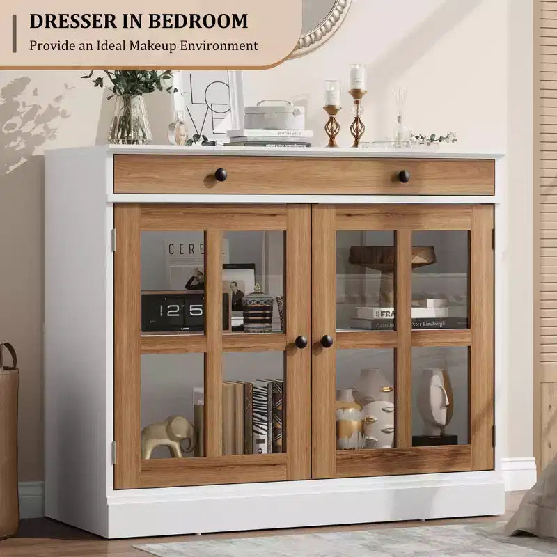 35.4 Modern Sideboard Buffet Cabinet with Glass Door, Storage & Drawers - Versatile Dining Room and Kitchen Storage Solution