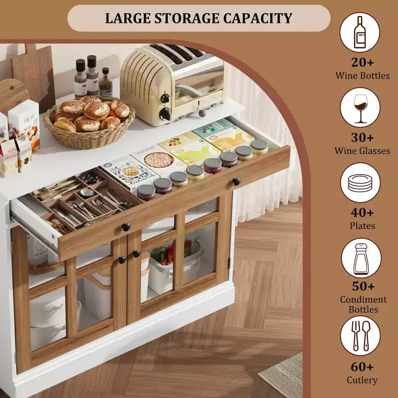 35.4 Modern Sideboard Buffet Cabinet with Glass Door, Storage & Drawers - Versatile Dining Room and Kitchen Storage Solution