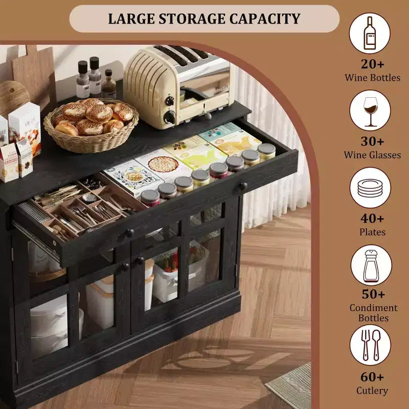 35.4 Modern Sideboard Buffet Cabinet with Glass Door, Storage & Drawers - Versatile Dining Room and Kitchen Storage Solution