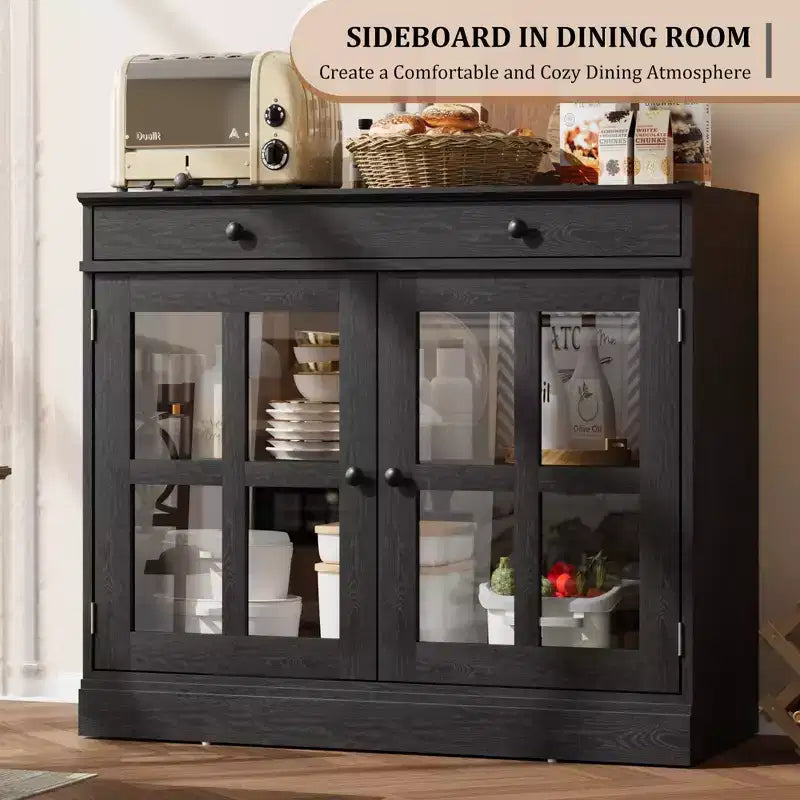 35.4 Modern Sideboard Buffet Cabinet with Glass Door, Storage & Drawers - Versatile Dining Room and Kitchen Storage Solution