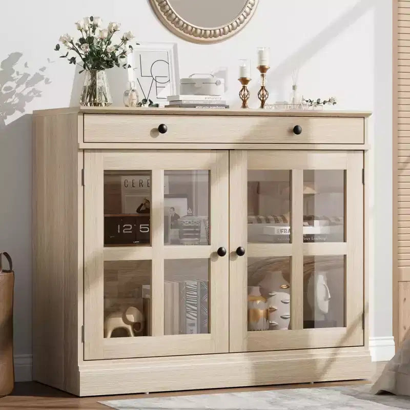 35.4 Modern Sideboard Buffet Cabinet with Glass Door, Storage & Drawers - Versatile Dining Room and Kitchen Storage Solution
