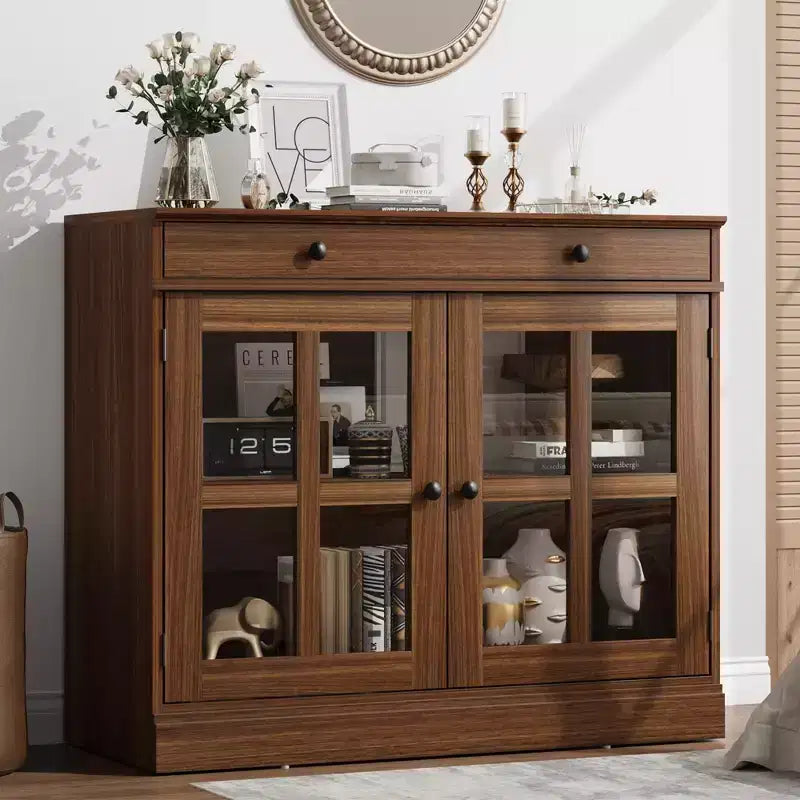 35.4 Modern Sideboard Buffet Cabinet with Glass Door, Storage & Drawers - Versatile Dining Room and Kitchen Storage Solution
