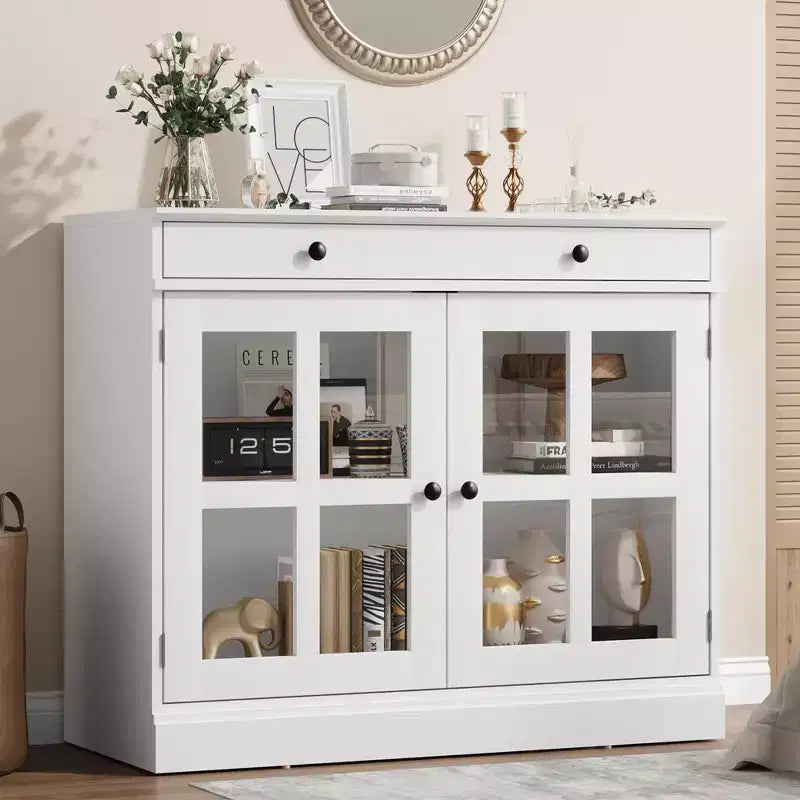 35.4 Modern Sideboard Buffet Cabinet with Glass Door, Storage & Drawers - Versatile Dining Room and Kitchen Storage Solution