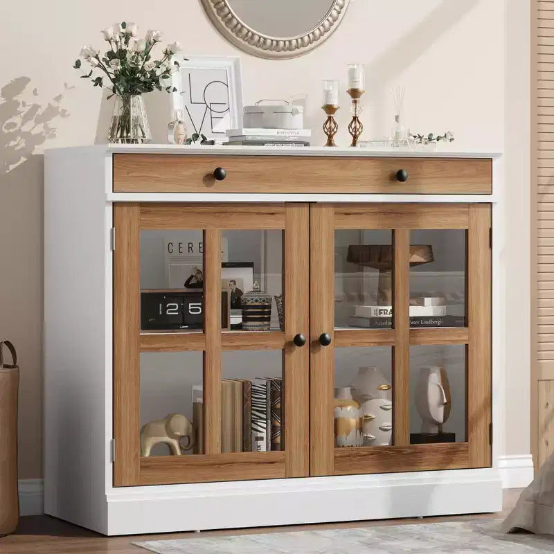 35.4 Modern Sideboard Buffet Cabinet with Glass Door, Storage & Drawers - Versatile Dining Room and Kitchen Storage Solution