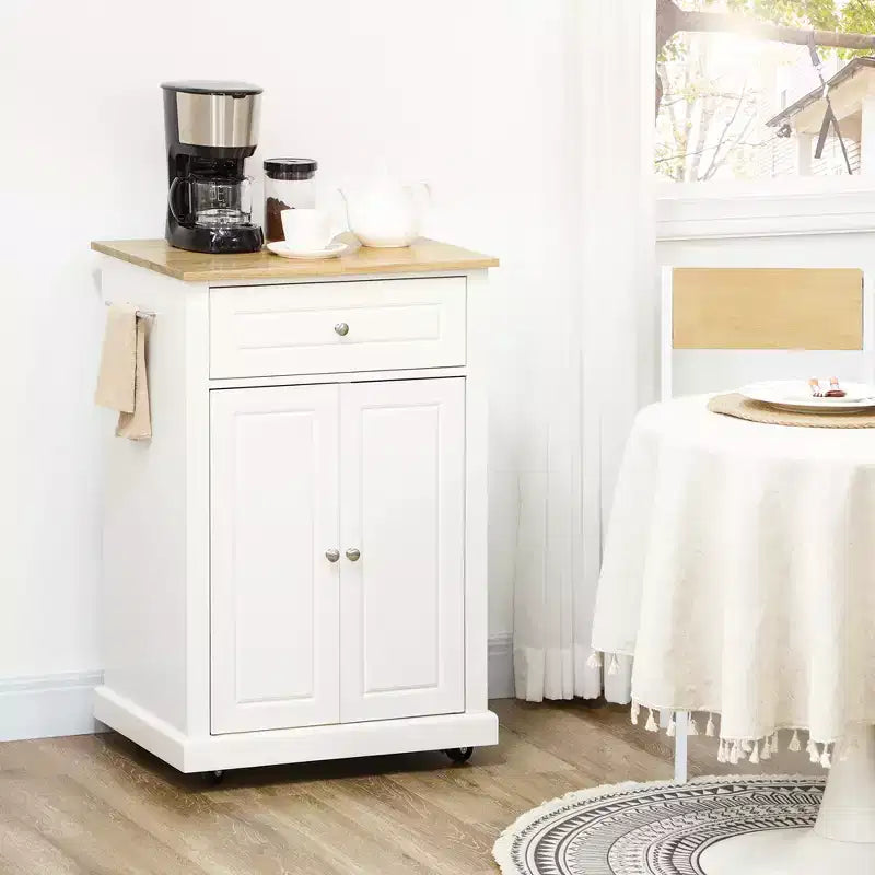White Natural Wood Top 18 in. Kitchen Island with 1-Storage Cabinets, 1-Drawers, and 4-Lockable Wheels