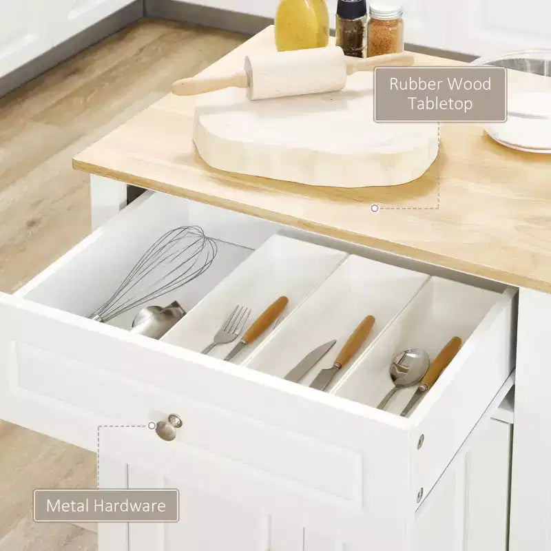 White Natural Wood Top 18 in. Kitchen Island with 1-Storage Cabinets, 1-Drawers, and 4-Lockable Wheels