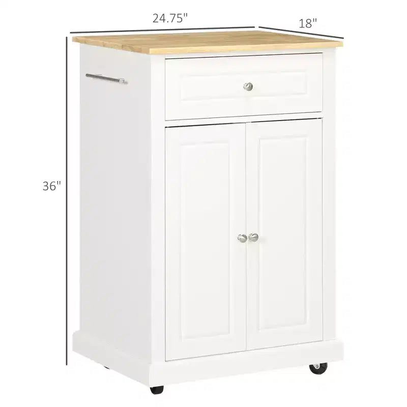 White Natural Wood Top 18 in. Kitchen Island with 1-Storage Cabinets, 1-Drawers, and 4-Lockable Wheels