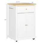 White Natural Wood Top 18 in. Kitchen Island with 1-Storage Cabinets, 1-Drawers, and 4-Lockable Wheels