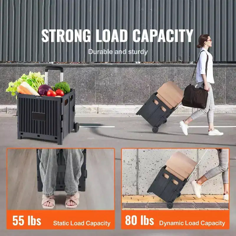 Foldable Utility Cart with Telescoping Handle, 80 lb Capacity Portable Rolling Crate Handcart for Travel, Shopping and Office Use, Black