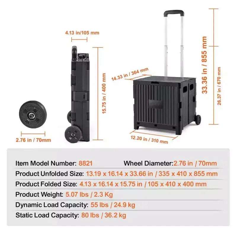 Chariot utilitaire pliable avec poignée télescopique, caisse roulante portable de 80 lb pour voyage, shopping et bureau, noir