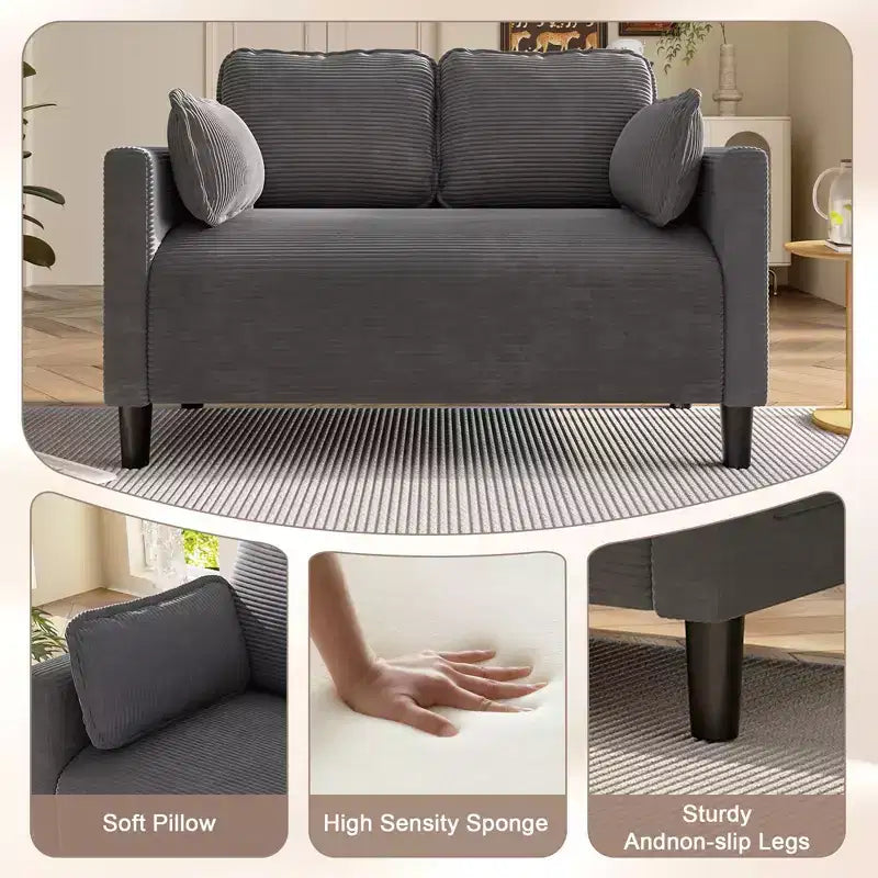 Modern Small Soft Corduroy Loveseat Sofa with Pillows & Side Pockets,Solid Wood Frame Futon Couch for Living Room,Dorm