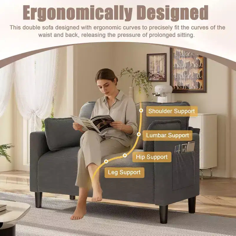 Modern Small Soft Corduroy Loveseat Sofa with Pillows & Side Pockets,Solid Wood Frame Futon Couch for Living Room,Dorm
