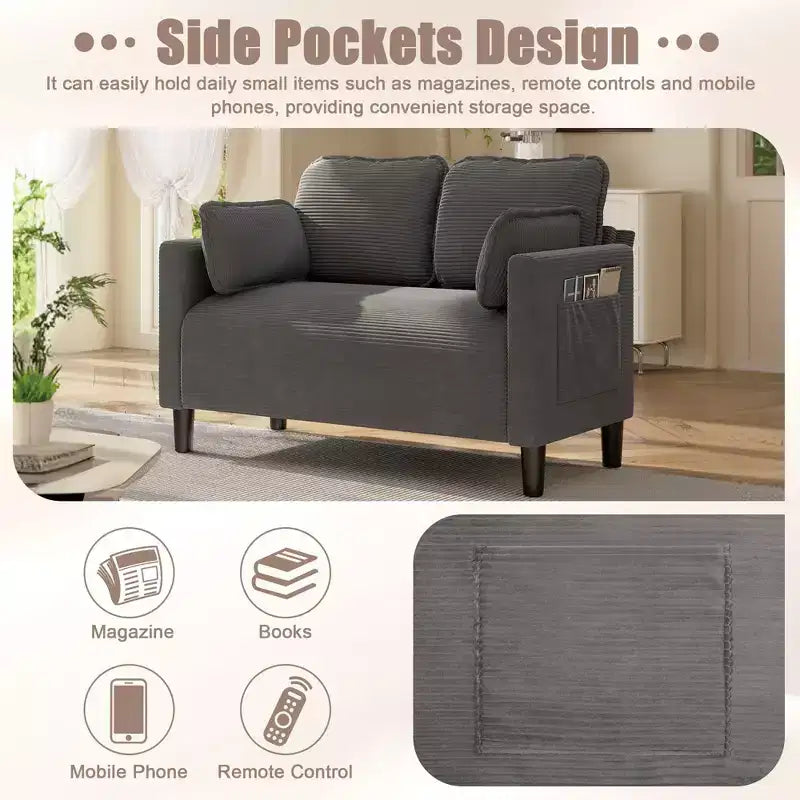 Modern Small Soft Corduroy Loveseat Sofa with Pillows & Side Pockets,Solid Wood Frame Futon Couch for Living Room,Dorm