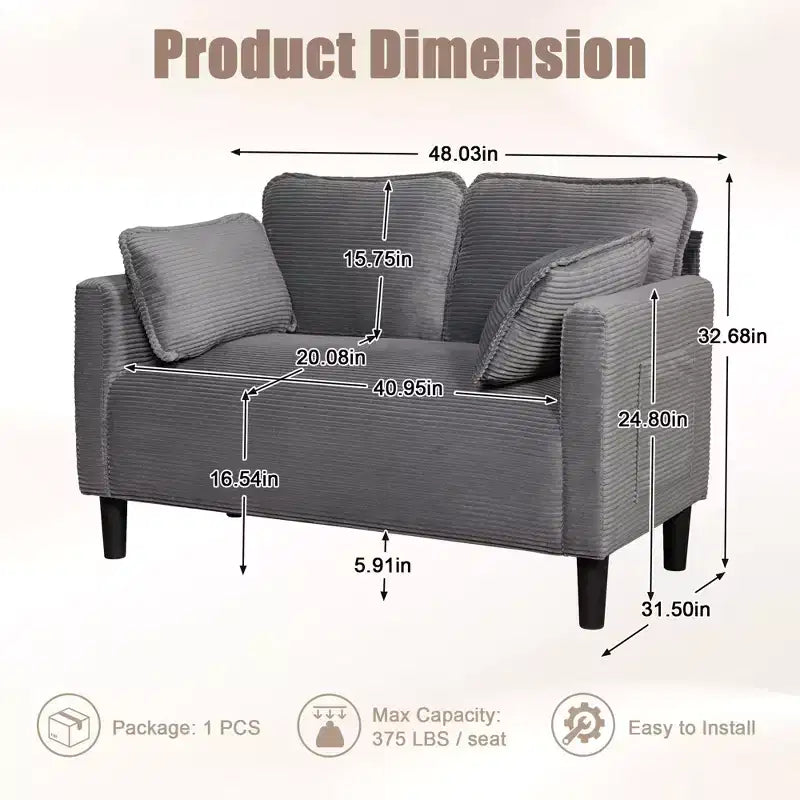 Modern Small Soft Corduroy Loveseat Sofa with Pillows & Side Pockets,Solid Wood Frame Futon Couch for Living Room,Dorm