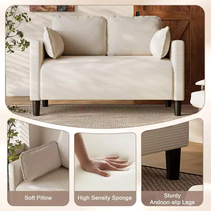 Modern Small Soft Corduroy Loveseat Sofa with Pillows & Side Pockets,Solid Wood Frame Futon Couch for Living Room,Dorm