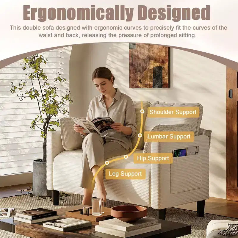 Modern Small Soft Corduroy Loveseat Sofa with Pillows & Side Pockets,Solid Wood Frame Futon Couch for Living Room,Dorm